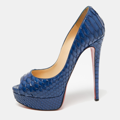 Pre-owned Christian Louboutin Blue Python Leather Lady Peep Platform Pumps Size 37