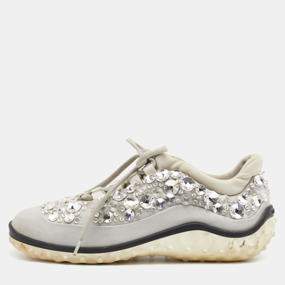 Pre-owned Miu Miu Grey Satin And Stretch Fabric Astro Crystal Embellished Low Top Sneakers Size 36