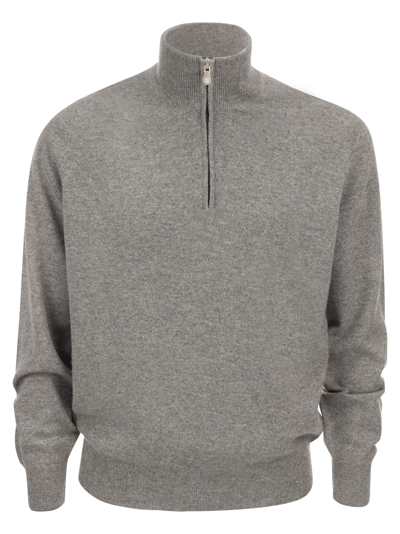 Shop Brunello Cucinelli Cashmere Turtleneck Sweater With Zip In Grey Melange