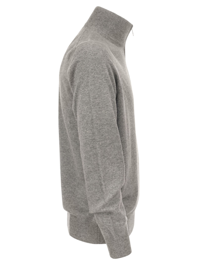 Shop Brunello Cucinelli Cashmere Turtleneck Sweater With Zip In Grey Melange