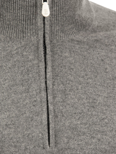 Shop Brunello Cucinelli Cashmere Turtleneck Sweater With Zip In Grey Melange