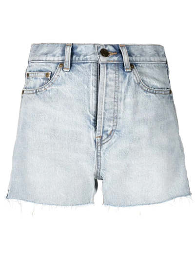 Shop Saint Laurent Raw-hem Denim Shorts In Blau