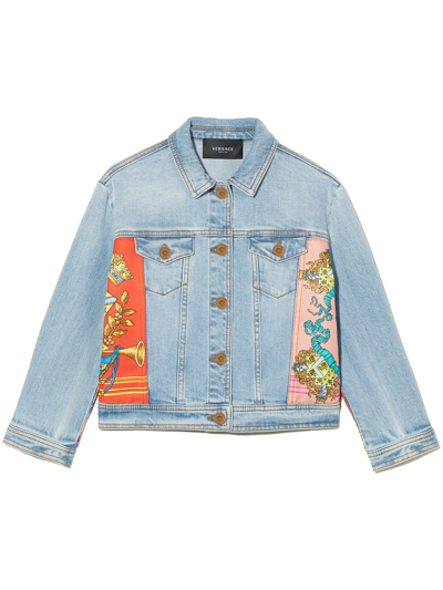 Shop Versace Barocco-print Denim Jacket In Blue