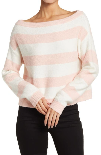 Shop Alice And Olivia Bauer Stripe Print Off-shoulder Sweater In English Rose/ Soft White