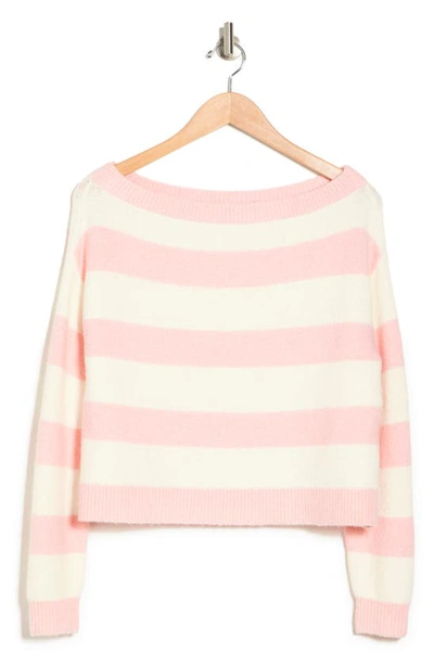 Shop Alice And Olivia Bauer Stripe Print Off-shoulder Sweater In English Rose/ Soft White