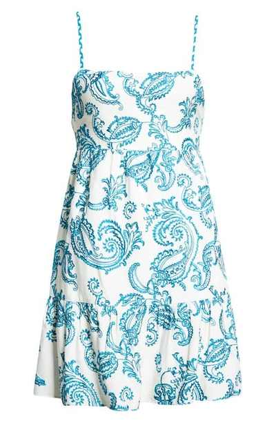 Shop Alice And Olivia Khira Embroidered Cotton Minidress In Off White/ Ocean Blue