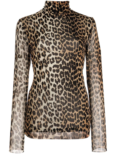 Shop Ganni Leopard-print Long-sleeve Top In Brown