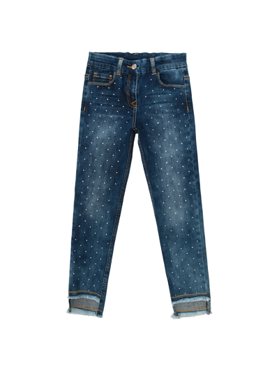 Shop Monnalisa Frayed Jeans With Rhinestones In Blu Stone Denim