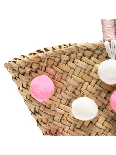 Shop Monnalisa Straw Pom Pom Bag In Cream + Peach Pink