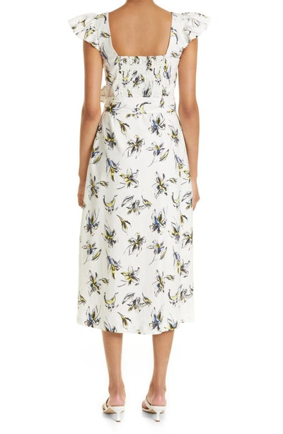 Shop Tanya Taylor Alyna Floral Print Linen Blend Midi Dress In Warped Lily Optic White Multi