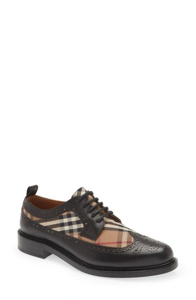 Shop Burberry Arndale Check Derby In Black/ Birch Brown