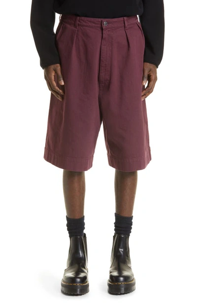 Shop Raf Simons Pleated Wide Leg Denim Shorts In Burgundy