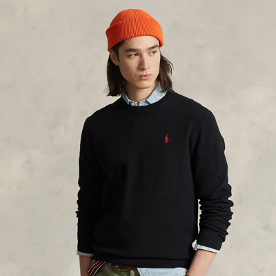 Shop Ralph Lauren Textured Cotton Crewneck Sweater In Polo Black