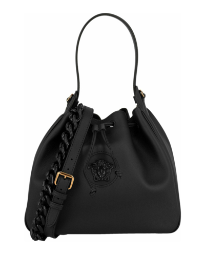 Shop Versace La Medusa Leather Bucket Bag In Black/gold