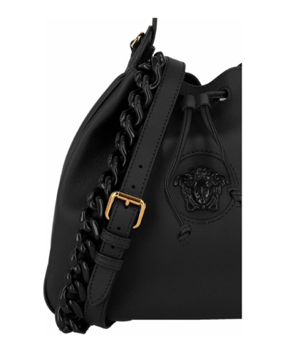 Shop Versace La Medusa Leather Bucket Bag In Black/gold