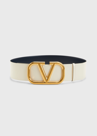 Shop Valentino V-logo 70mm Wide Box Leather Belt In Marine/lt Ivory