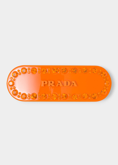 Shop Prada Crystal Embellished Logo Hair Clip In F01bu Orange