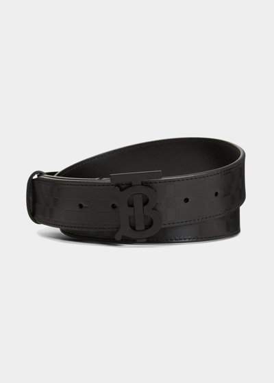 Shop Burberry Men's Tonal Check Tb-logo Buckle Belt In Black