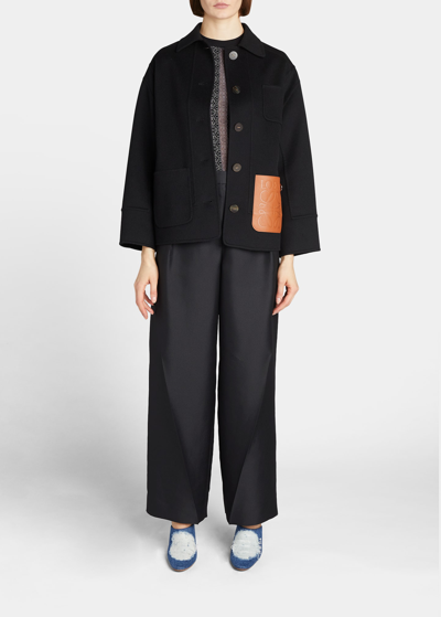 Shop Loewe Workwear Wool Jacket With Leather Pocket In Black