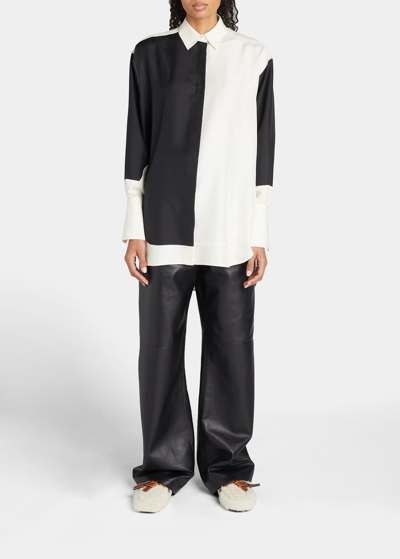 Shop Loewe Bicolor Long Button-down Silk Shirt In Blackwhit