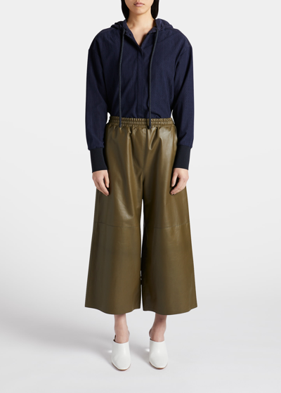Shop Loewe Cropped Wide-leg Pull-on Leather Pants In Dark Khaki