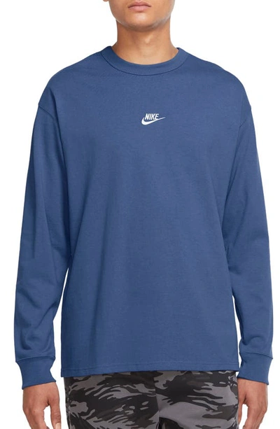 Shop Nike Sportswear Premium Essentials Long Sleeve T-shirt In Dk Marina Blue/ Light Bone