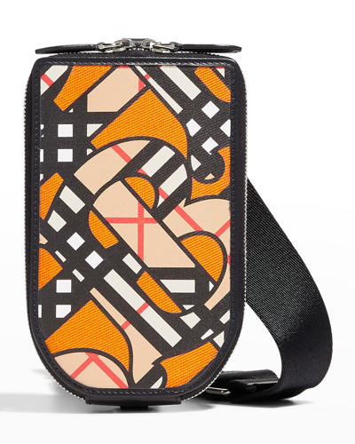 Shop Burberry Men's Tb-monogram Zip Phone Crossbody Bag In Orange / Multi