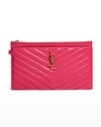 Shop Saint Laurent Large Quilted Ysl Zip Wristlet In Fuxia Couture