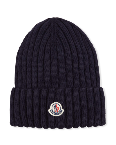 Shop Moncler Wool Ribbed Beanie In Navy