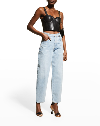 Shop Alice And Olivia Jeanna Faux-leather Bustier Crop Top In Black