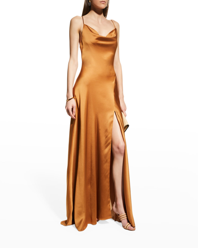 Shop Jonathan Simkhai Finley Cowl-neck Satin Slip Gown In Copper