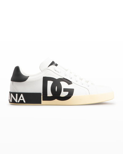 Shop Dolce & Gabbana Men's Portofino Leather Low-top Sneakers In Wht/poppy