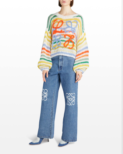 Shop Loewe Anagram-embroidered Stripe Mohair Sweater In Whitemult