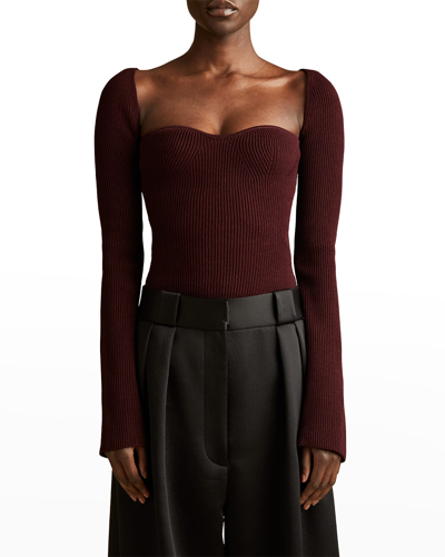 Shop Khaite Maddy Notched Ribbed-knit Top In Merlot