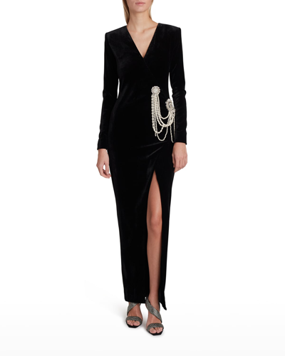 Shop Balmain Velvet Column Wrap Gown With Pearl Detail In Blanc Cassenoirdo