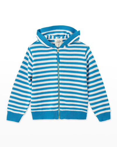 Shop Vild - House Of Little Kid's Hooded Cotton Cardigan In Blue/ecru Stripe