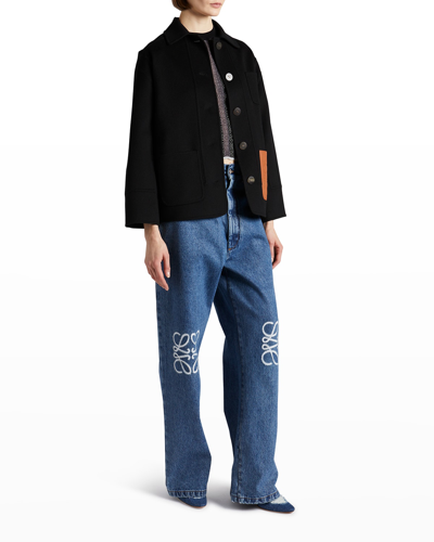 Shop Loewe Workwear Wool Jacket With Leather Pocket In Black