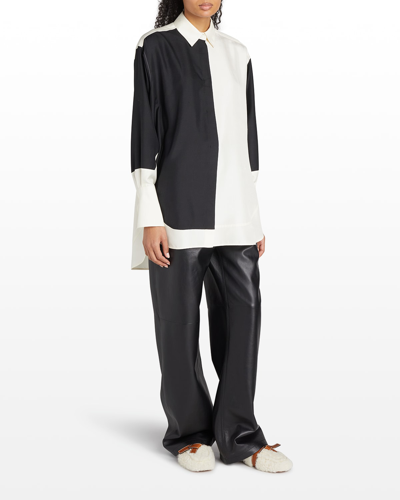 Shop Loewe Bicolor Long Button-down Silk Shirt In Blackwhit