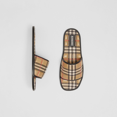 Shop Burberry Check Quilted Leather Slides In Archive Beige