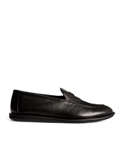 Shop Giorgio Armani Leather Logo Loafers In Black