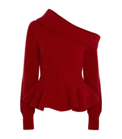 Shop Alexander Mcqueen Wool-cashmere One-shoulder Sweater In Burgundy