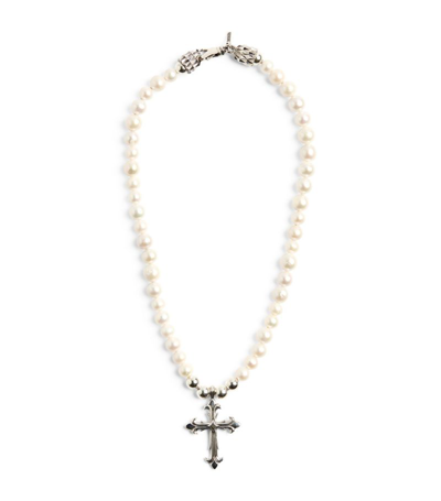 Shop Emanuele Bicocchi Sterling Silver And Freshwater Pearl Cross Necklace