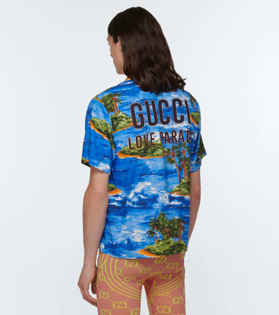 Shop Gucci Printed Bowling Shirt In Bluette/green/mc/mix