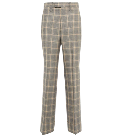 Shop Gucci Checked Linen-blend Straight Pants In Grey/black/mc