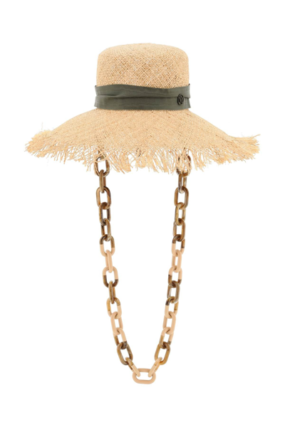 Kendall Frayed Raffia Sun Hat W/ Chain Strap In Beige