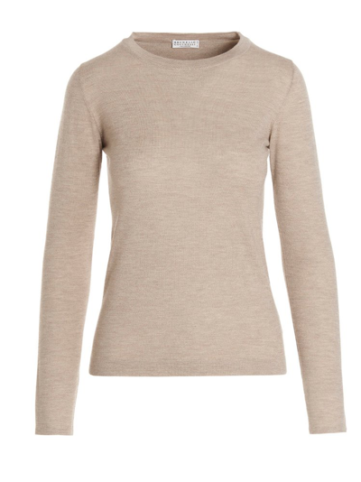 Shop Brunello Cucinelli Metallic Long Sleeved Crewneck Sweater In Beige