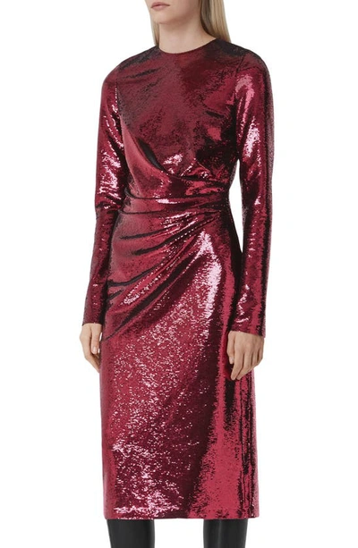 Shop Burberry Aurora Long Sleeve Sequin Midi Dress In Deep Mulberry
