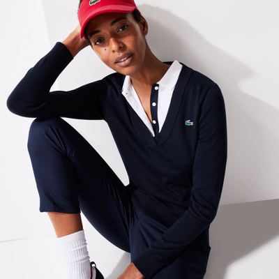 Lacoste Women's Sport Breathable V-neck Cotton Golf Sweater - 40 In Blue |  ModeSens