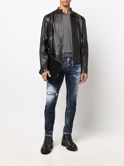 Dsquared2 Black Biker Jacket With Mandarin Collar And Waist Straps In Leather Man In Black