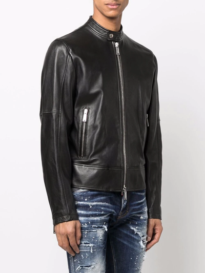 Dsquared2 Black Biker Jacket With Mandarin Collar And Waist Straps In Leather Man In Black